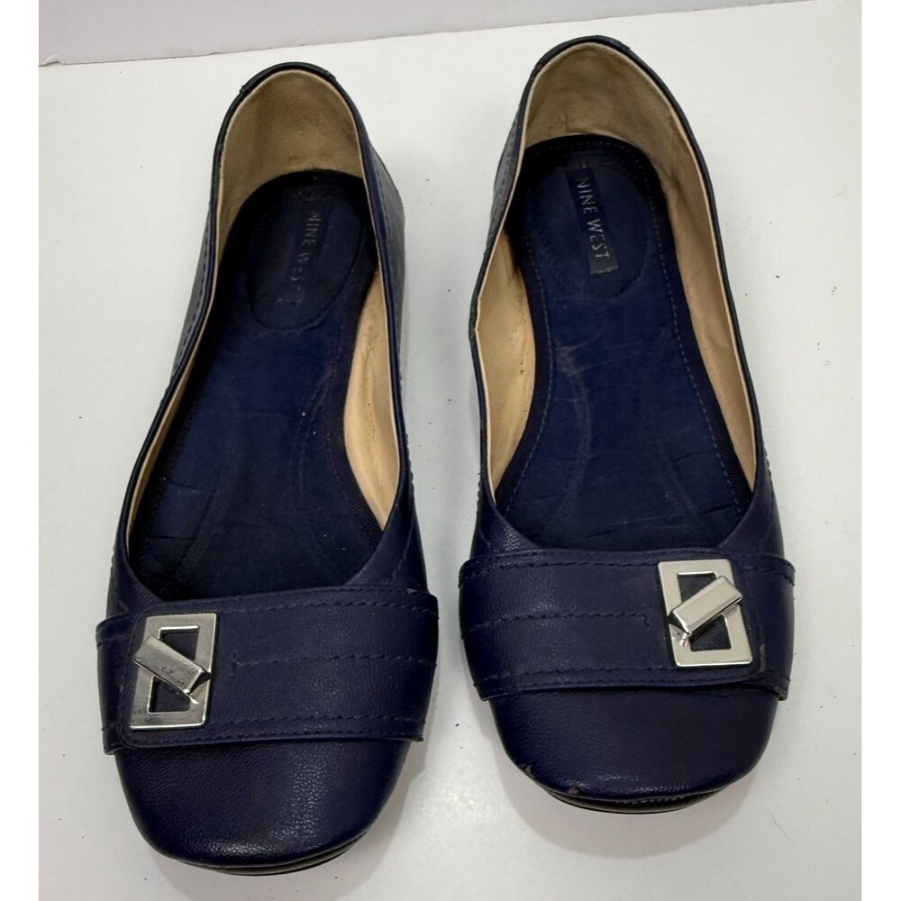 Nine West Ballet Flats Navy Blue Faux Leather Slip On Buckle Accent 9 M Lyrical